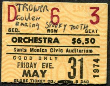 Robin Trower with special guest Golden Earring show ticket#D63 May 31, 1974 Santa Monica - Civic Center Auditorium